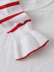 Tween Girl Red Striped Bow Decor Knitted Cardigan - Red - View 5