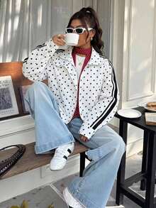 SHEIN EZwear Polka Dot Casual Women Plus Size Long Sleeve Loose Fit Jacket Fall - Black and White - View 3