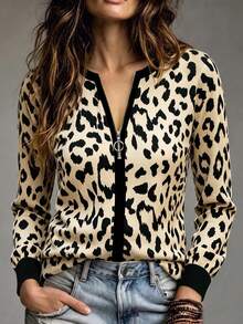 RosyDaze Leopard Print Long Sleeve T-Shirt, Versatile Style Suitable For Outdoor Wear, V-Neck Metal Zipper Design - Multicolor - View 1