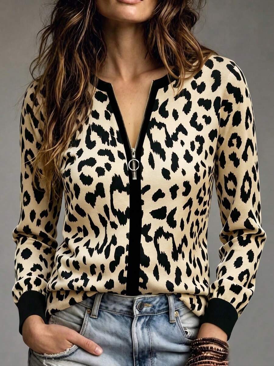 RosyDaze Leopard Print Long Sleeve T-Shirt, Versatile Style Suitable For Outdoor Wear, V-Neck Metal Zipper Design - Multicolor - View 1