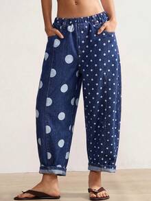 Bohemela Women's Polka Dot Print Casual Vintage Washed Long Pants Vacation Blue Polka Dot Autumn - Navy Blue - View 8