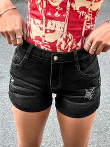 SHEIN Quần short denim cạp thấp rách gấu cuộn màu trơn giặt wash phong cách Y2K cho nữ teen, mặc mùa xuân hè, đi biển boho, concert, rave, lễ hội, dễ thương, lễ tốt nghiệp, kỳ nghỉ hè - màu đen - Xem 3