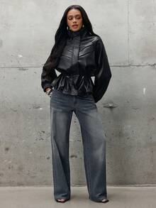 Denimoi Women's Autumn Fashion Drawstring Waist Regular Jacket - Black - View 4