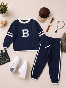 SHEIN Playful Pals Spring/Autumn Boys' Preppy Knit Set, Colorblock Striped Letter Sweater And Cuffed Long Pants 2 Pieces Outfit - Multicolor - View 1