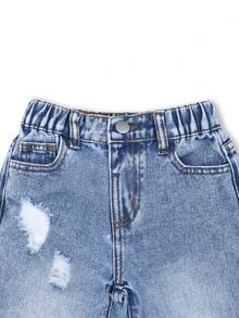 Jeans de mezclilla rectos con efecto desgastado y rotos, versátiles y casuales para niñas - Lavado ligero - Ver 6