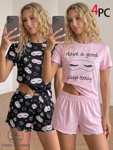 SHEIN 青少年女孩 2件組 春夏新款可愛印花圓領T恤與短褲家居服套裝，舒適休閒睡衣 - 彩色 - 查看 3