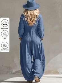 Linhara CURVE 2026 New V-Neck Plus Size Women's Jumpsuit With Pockets - Blue - View 2