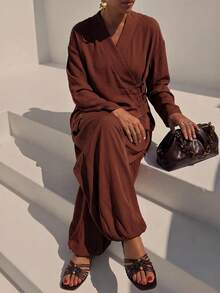 Zivah Elegant Chinese Style Long Sleeve Top With Frog Button Design + Lantern Pants 2 Pieces Set - Brown - View 4