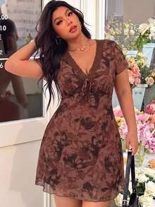 SHEIN EZwear 酒紅色大尺碼女款洋裝 婚禮度假夏季 1950年代復古 1920年代 - 棕色 - 查看 1