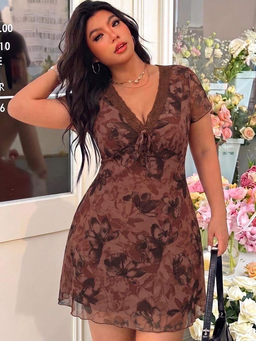 SHEIN EZwear 酒紅色大尺碼女款洋裝 婚禮度假夏季 1950年代復古 1920年代 - 棕色 - 查看 1