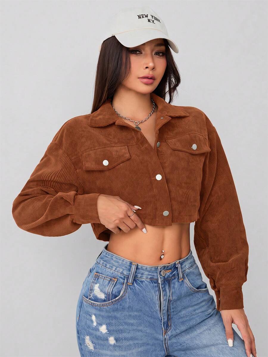 SHEIN PETITE 春季穿搭落肩翻蓋設計短版燈芯絨黑色夾克 秋冬款 - 棕色 - 查看 1