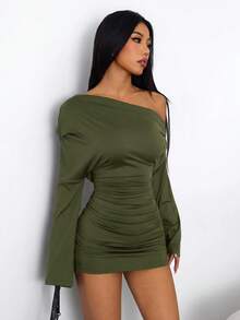 SHEIN PETITE 女款時尚性感純色不對稱領口迷你洋裝 - 軍綠色 - 查看 8