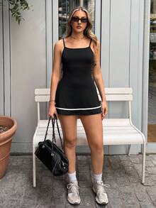 hollyjadebate 可调节肩带拼色短款连体衣连衣裙，运动装，春夏运动服健身房女装 - 黑色 - 查看 5