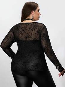 SHEIN CURVE+ 大尺碼女款黑色蜘蛛網圖案透視上衣，萬聖節 - 黑色 - 查看 2