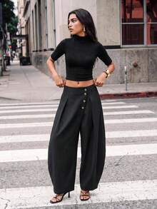 Avantive Women's Autumn/Winter Solid Color Button Front Casual Curved Leg Trousers - Black - View 4