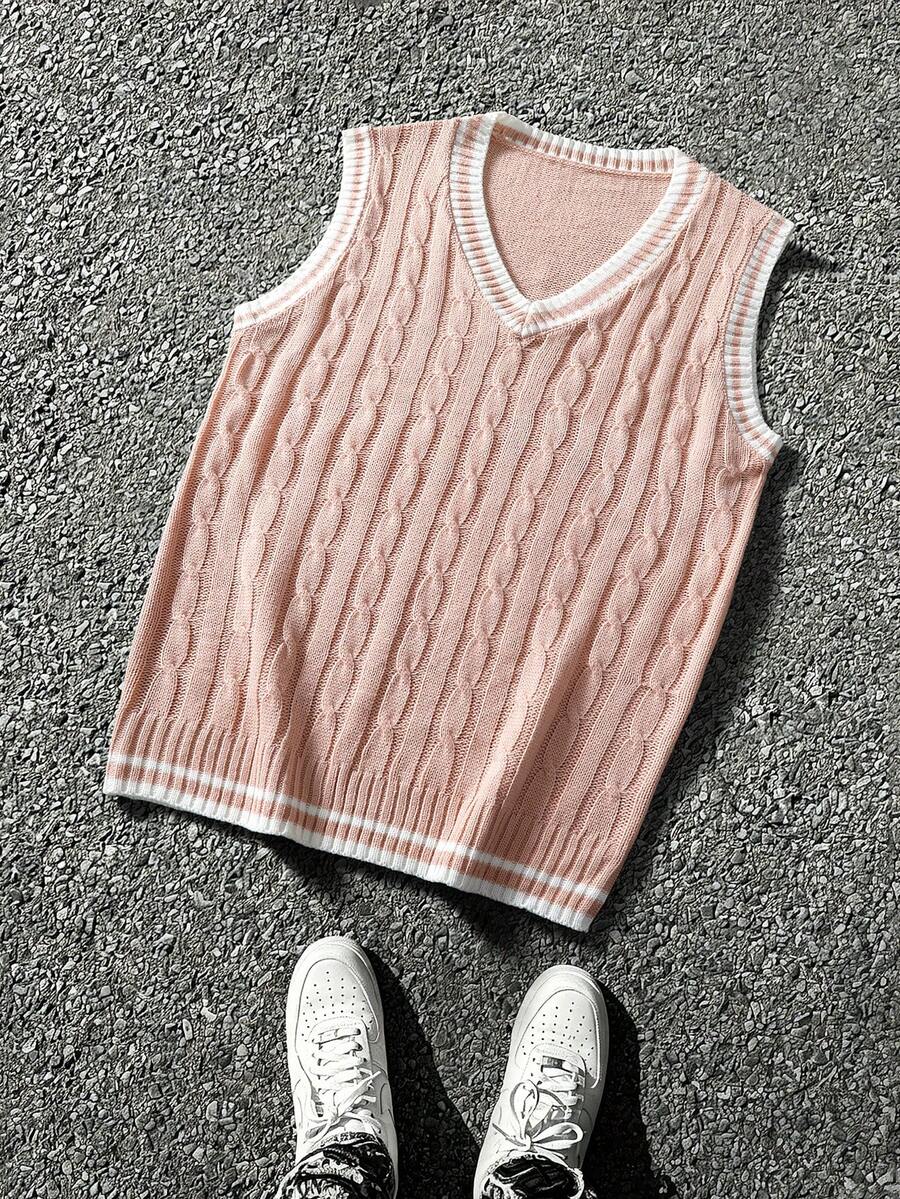 Manfinity CasualKnits 男士條紋V領休閒百搭針織背心 - 珊瑚粉 - 查看 1