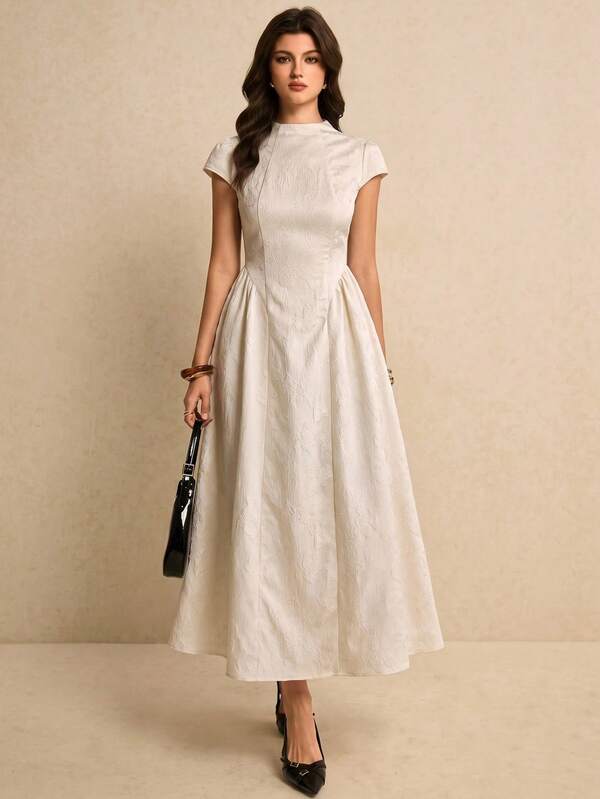Poéselle Women's Elegant Romantic High Neck Jacquard Midi Dress Vintage Cap Sleeve A-Line Formal White Back To School Wedding Garden Party Summer