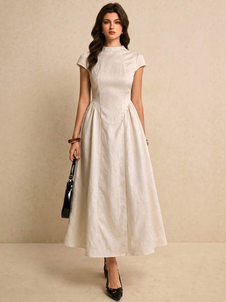 Poéselle 女款優雅浪漫高領提花中長洋裝，復古小飛袖 A 字版型，白色正式款，適合返校季、婚禮、花園派對、夏季穿著