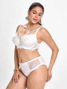 Slumbrini Solid Color Lace Comfortable Daily Underwire Molded Cup Support Fabric Patchwork Plus Size Lingerie Set Summer White Lingerie - White - View 8