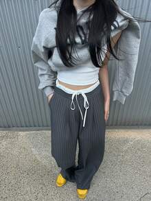 DAZY Women's Striped Wide Leg Loose Casual Pants With Waist Tie Fall - Grey - View 7