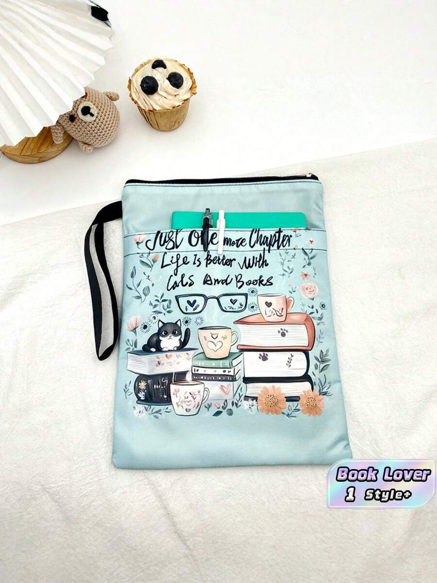 1PC Waterproof Washable Zippered Durable Portable Protective Fits Multiple Books Blue Cat Print Book Sleeve Cover Pouch For Students Teachers Book Lovers School Office Travel Reusable Gift Back To School - multicolor - View 1
