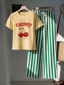 SHEIN EZwear 女款字母與櫻桃印花短袖T恤搭配條紋長褲休閒兩件套 - 彩色 - 查看 6