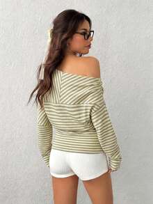SHEIN EZwear 女款黃灰色條紋針織不對稱肩薄款運動衫，適合初秋，百搭 - 彩色 - 查看 2
