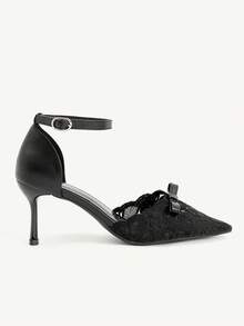 CUCCOO CHICEST 尖頭細高跟黑色刺繡蕾絲網布蝴蝶結女鞋 後踝帶鏤空設計 性感舒適 日常百搭 - 紡織黑色 - 查看 3