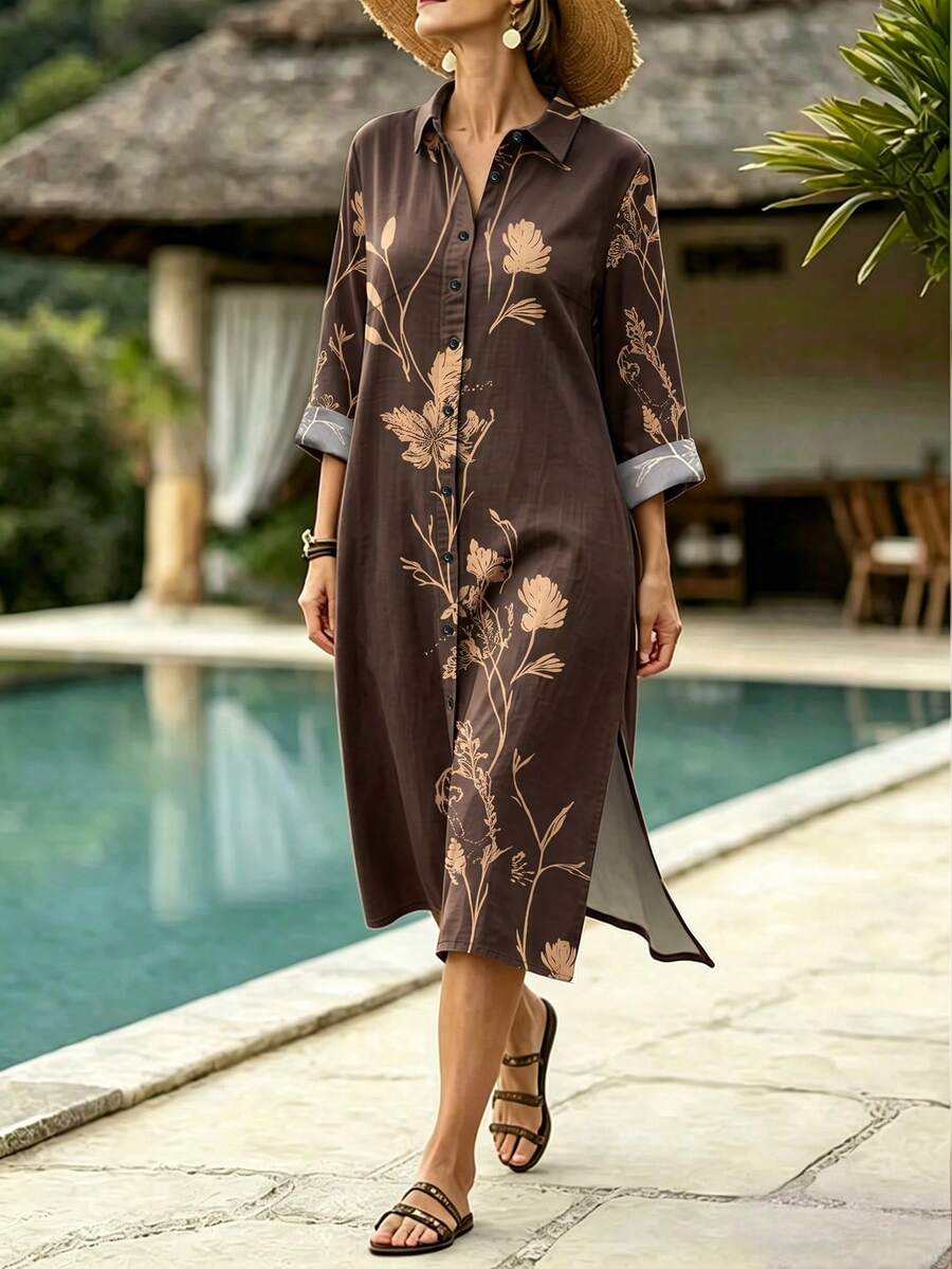Isle Nomé Women's Short Vacation Print Summer Dress - Coffee - View 1