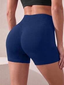 SHEIN Sports Women's Solid Color Casual Daily Seamless Sports Shorts - Navy Blue - View 2