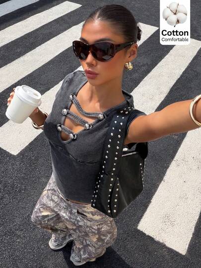Muchica Women's Knit Short Sleeve T-Shirt With Button Design Cotton Dark Grey V-Neck Napoleon-Decorated Distressed Streetwear Top Summer Going Out Night Out