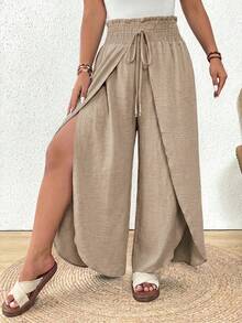SHEIN Frenchy Plus Size Solid Color Paper Bag Waist Casual Bohemian Boho Drawstring Wrap Loose Pants Beach Vacation Vacation Vacation Gym Beige Autumn Fall - Apricot - View 2