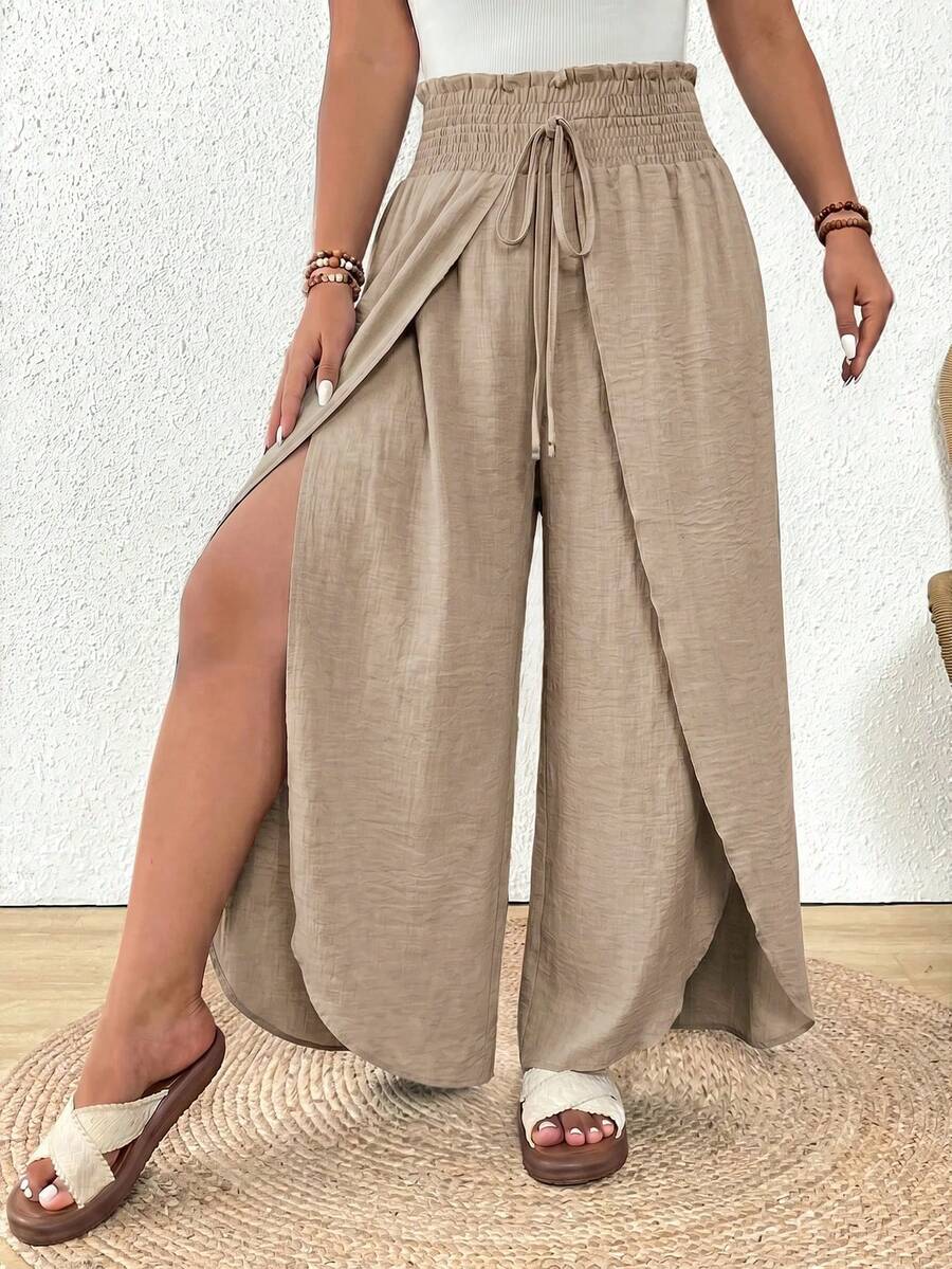 SHEIN Frenchy Plus Size Solid Color Paper Bag Waist Casual Bohemian Boho Drawstring Wrap Loose Pants Beach Vacation Vacation Vacation Gym Beige Autumn Fall