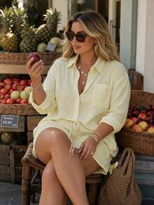 Vionelle Plus Size Women's Casual Button Loose Long Sleeve Shirt And Low Waist Shorts Set Fall - Yellow - View 6