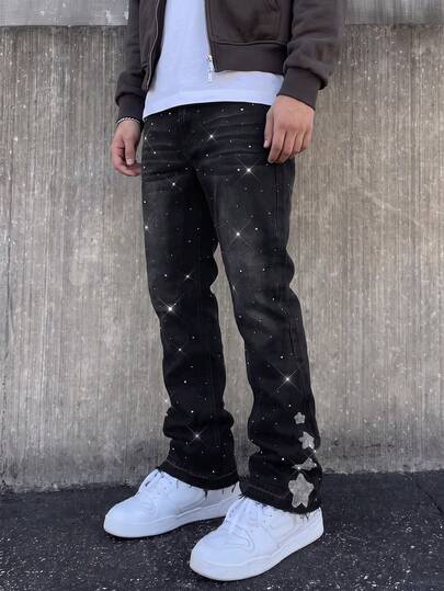 SHEIN Tween Boy Denim Jeans, All-Season, Soft, Cotton, Casual, Fashion, Versatile, Comfortable, Minimalist, Elastic Waistband, Star Rhinestone + Shiny Crystal Design, Loose Straight Wide Leg Fit, Black Washed Denim Pants Suitable For Daily Wear And Vacation