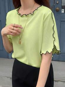 FRIFUL 女款夏季休閒拼色滾邊T恤 - 綠色 - 查看 9