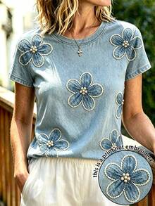 Trelyra Women's Casual Floral Print Round Neck Short Sleeve T-Shirt, Versatile For Daily Wear - Multicolor - View 2