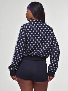 Musera Sport 黑色圓點對比條紋側拉鍊收腰運動Logo運動夾克，適合健身房、皮拉提斯、健身、日常休閒、跑步 - 黑與白 - 查看 4