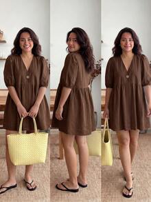 Enliva Plus Size Women's Ruffled Puff Sleeve V-Neck Dress - Brown - View 3