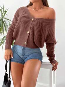 EURMUSE Women's Solid Color Drop Shoulder Long Sleeve Casual Knit Cardigan, Autumn/Winter - Dusty Pink - View 4