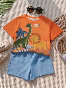SHEIN LMoss Kids 男嬰休閒簡約卡通獅子印花上衣，適合春夏穿著 - 彩色 - 查看 1