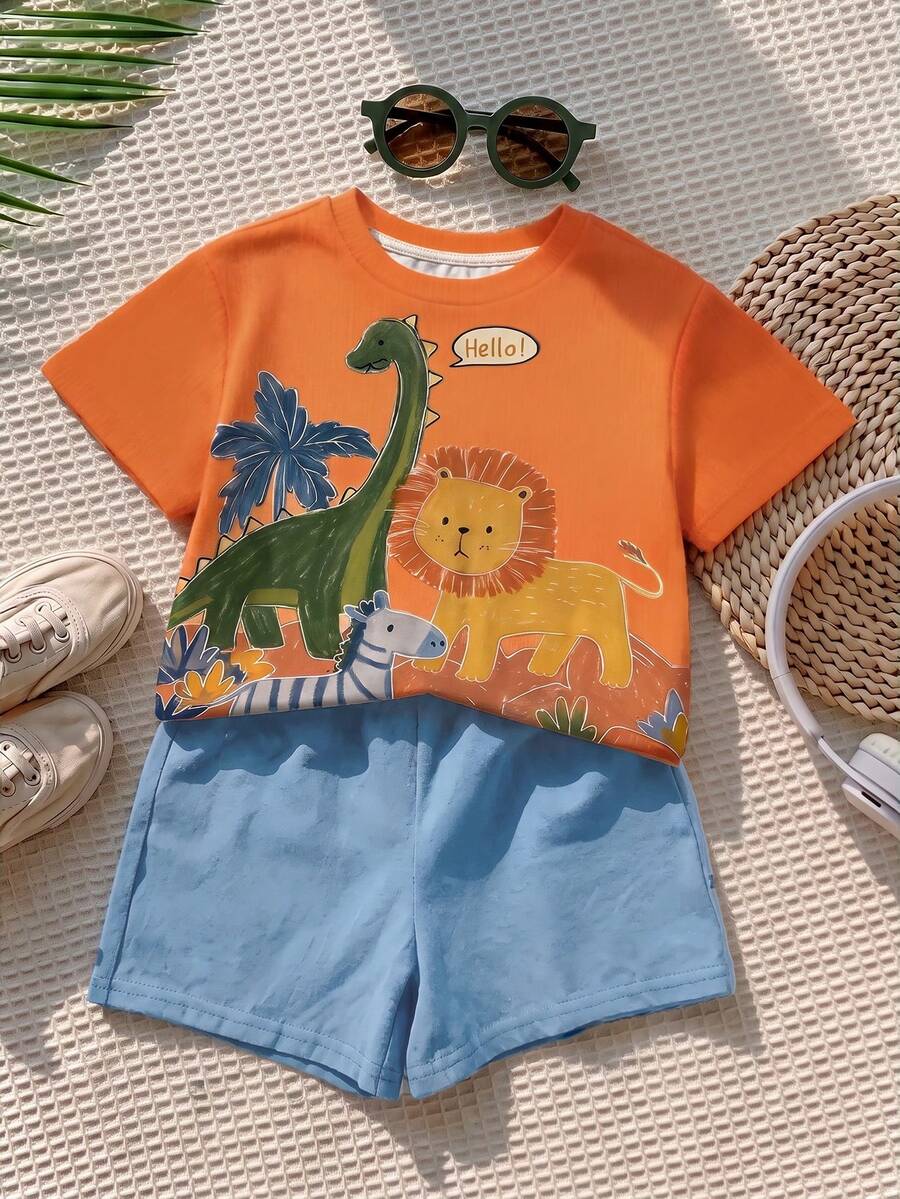 SHEIN LMoss Kids 男嬰休閒簡約卡通獅子印花上衣,適合春夏穿著 - 彩色 - 查看 1