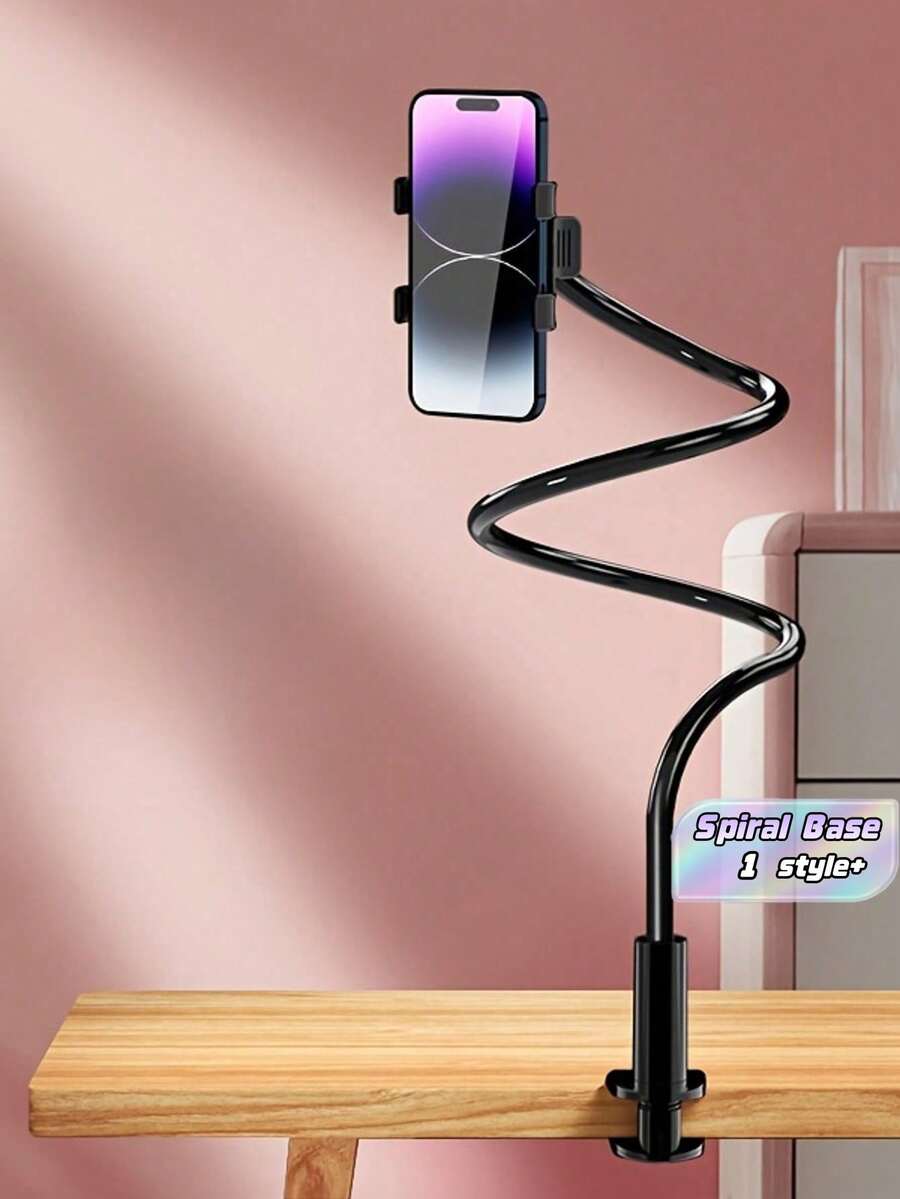 1 Piece Universal 360 Degree Rotating Gooseneck Phone Holder Dual Clamp Spiral Base For Car Bed Desk Live Streaming Hands Free Viewing Gaming Video Call - White - View 1