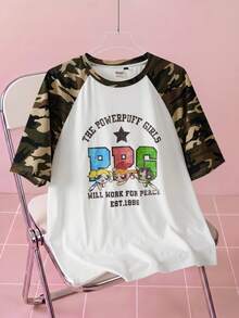 THE POWERPUFF GIRLS X SHEIN Men's Letter & Cartoon Print Casual Daily Short Sleeve T-Shirt - White - View 1