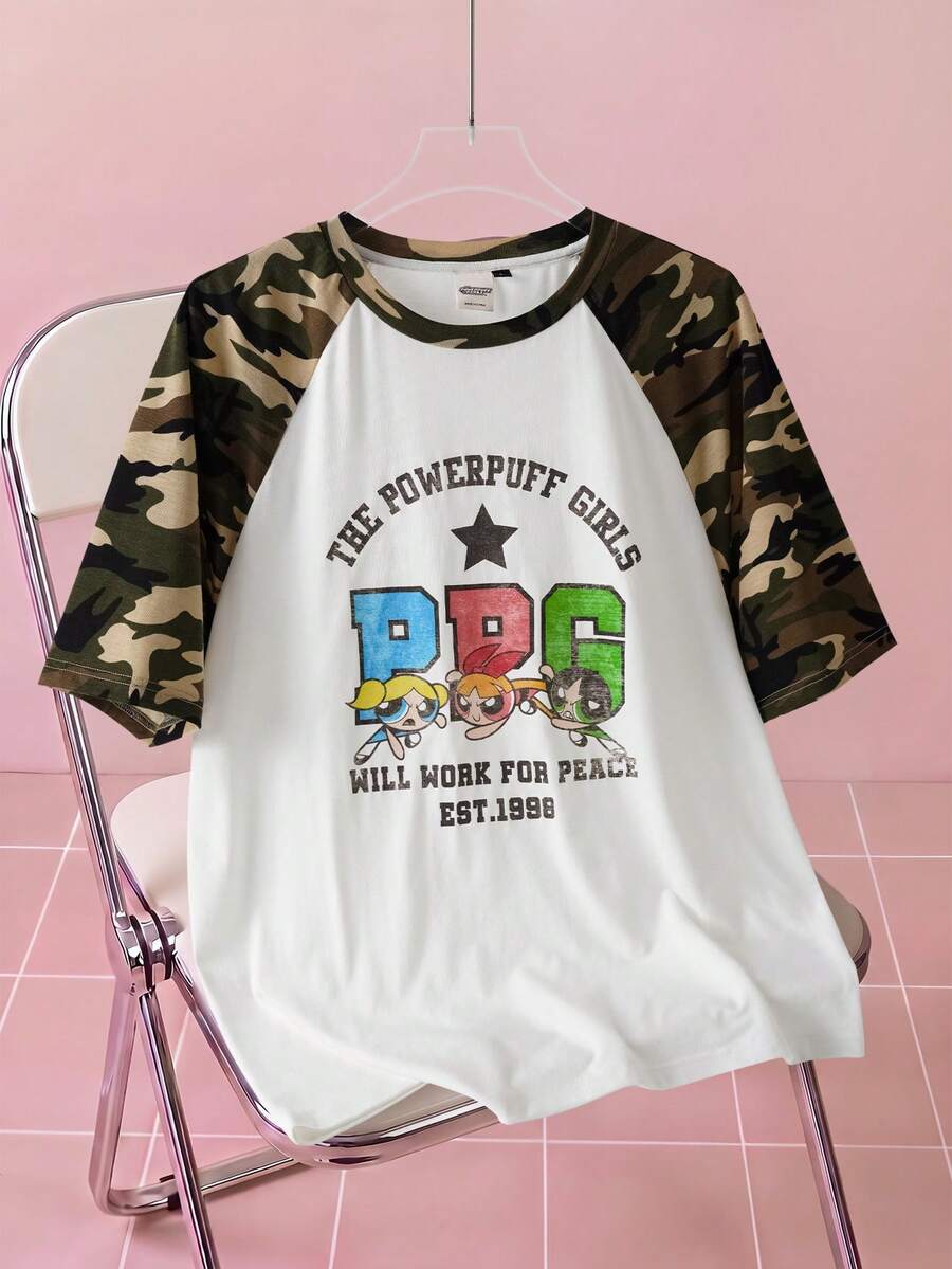 THE POWERPUFF GIRLS X SHEIN Men's Letter & Cartoon Print Casual Daily Short Sleeve T-Shirt - White - View 1
