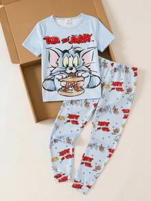 TOM & JERRY X SHEIN GraphicGems 男童柔软弹力卡通印花短袖上衣和裤子两件套睡衣 - 藍色 - 查看 7
