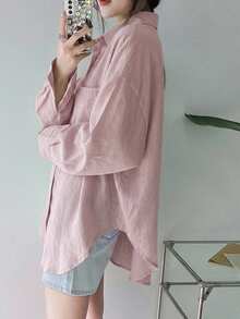 DAZY Women's Solid Color Regular Collar Oversized Loose Fit Shirt - Pink - View 5