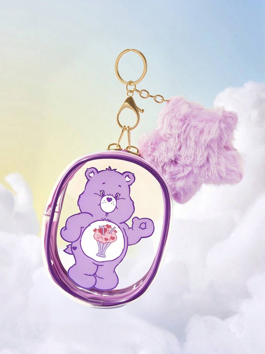 SHEIN X Care Bears Love Bear 透明 PVC 小物收納袋,兼具收納與收藏展示功能,可掛在包包上,附毛絨星星裝飾,拉鍊開合設計,可收納耳機、珠寶、小配件等 - 紫色 - 查看 1