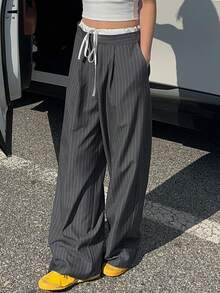 DAZY Women's Striped Wide Leg Loose Casual Pants With Waist Tie Fall - Grey - View 6