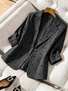 SHEIN Franclia 優雅休閒西裝外套 翻領設計 3/4 袖 貼袋口袋 棕色與黑色波點 春夏秋冬 辦公室工作 時髦職場穿搭 - 深灰色 - 查看 3